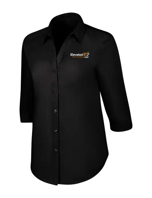Womens Black 3/4 Sleeve Carefree Poplin Shirt w/Elevated Practice Solutions Logo
