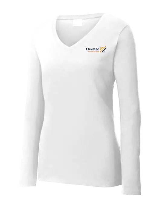 Womens  V-Neck Ring Spun White 4.5 oz Long Sleeve T-Shirt w/Elevated Practice Solutions Logo