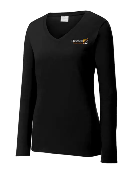 Womens V-Neck Ring Spun Jet Black 4.5 oz Long Sleeve T-Shirt w/Elevated Practice Solutions Logo