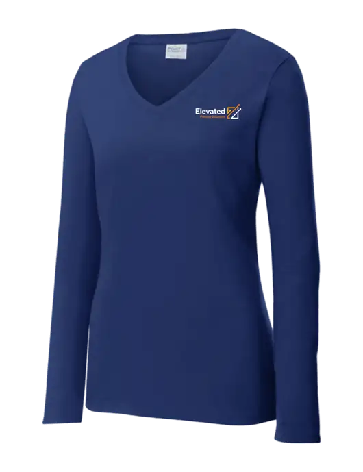 Womens  V-Neck Ring Spun Navy 4.5 oz Long Sleeve T-Shirt w/Elevated Practice Solutions Logo