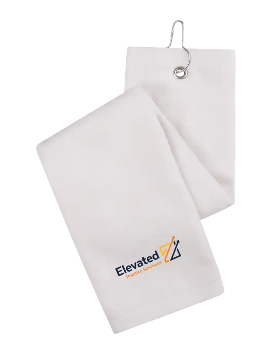 White Tri-Fold Golf Towel with Grommet w/Elevated Practice Solutions Logo