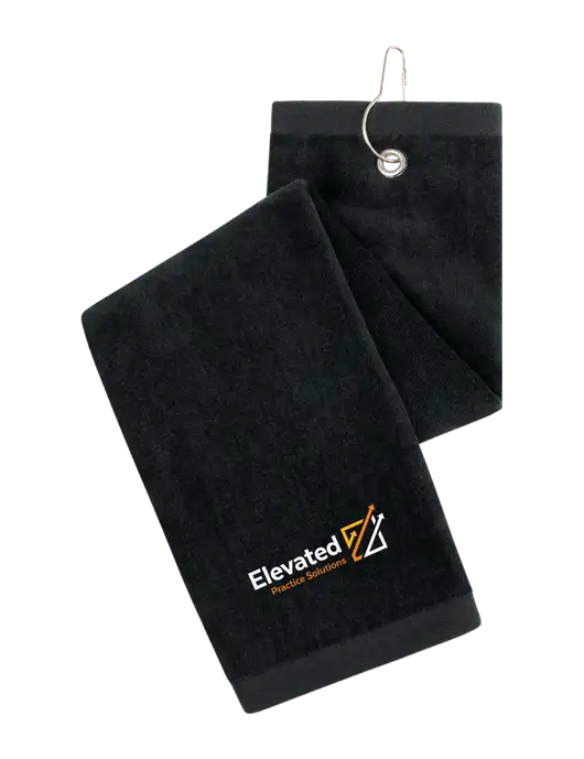 Black Tri-Fold Golf Towel with Grommet w/Elevated Practice Solutions Logo