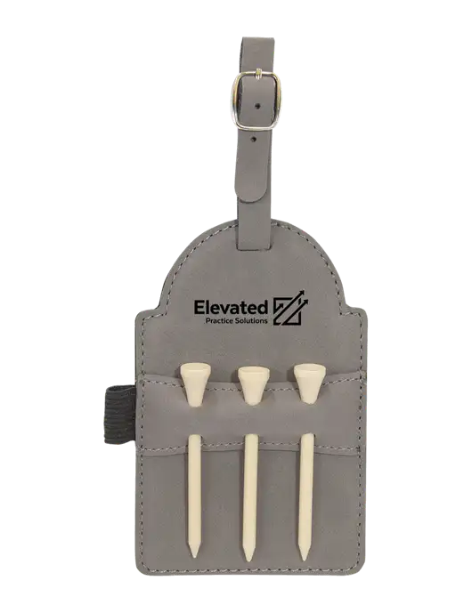 Grey Leatherette Golf Bag Tag with 3 Wooden Tees w/Elevated Practice Solutions Logo