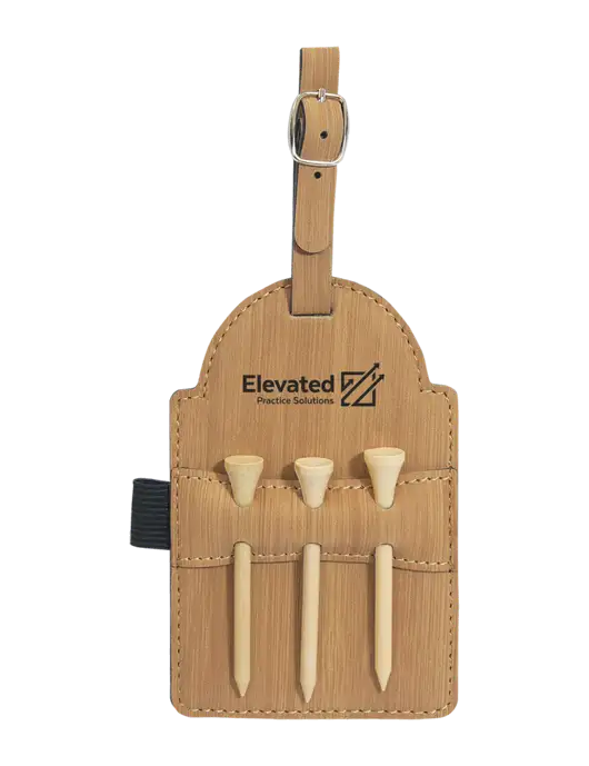 Bamboo Leatherette Golf Bag Tag with 3 Wooden Tees w/Elevated Practice Solutions Logo
