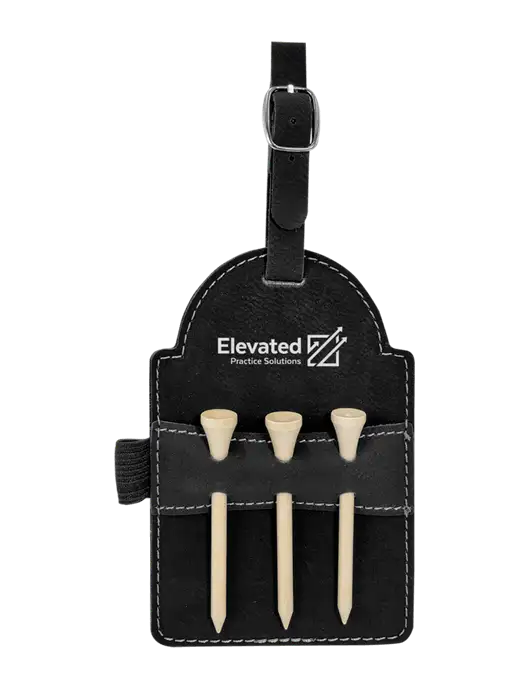 Black Leatherette Golf Bag Tag with 3 Wooden Tees w/Elevated Practice Solutions Logo