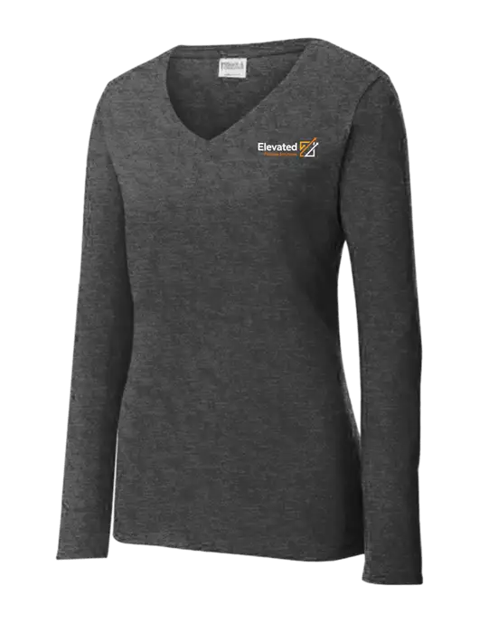 Womens  V-Neck Ring Spun Dark Heather Grey 4.5 oz Long Sleeve T-Shirt w/Elevated Practice Solutions Logo