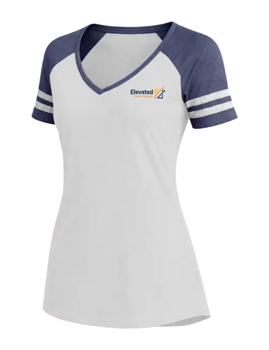 Womens White/Navy Heather V-Neck Game Tee w/Elevated Practice Solutions Logo