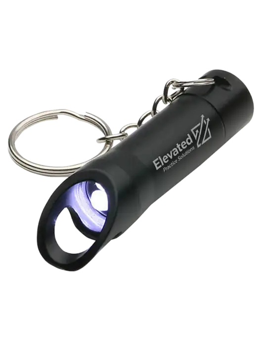 Black Pocket LED Flashlight with Bottle Opener & Keychain w/Elevated Practice Solutions Logo