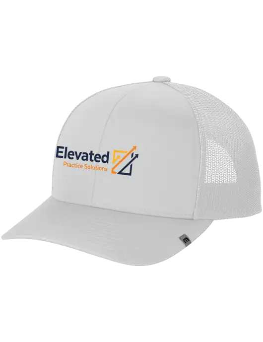 TravisMathew White Cruz Trucker Cap w/Elevated Practice Solutions Logo