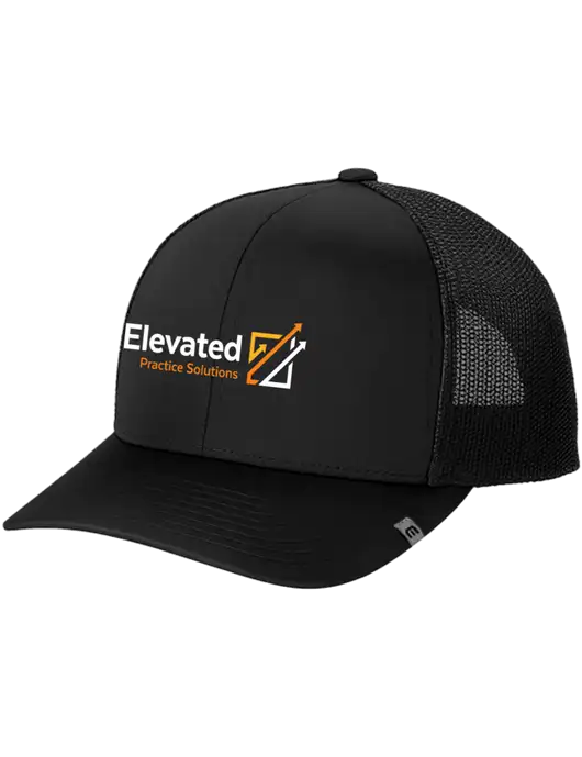 TravisMathew Black Cruz Trucker Cap w/Elevated Practice Solutions Logo